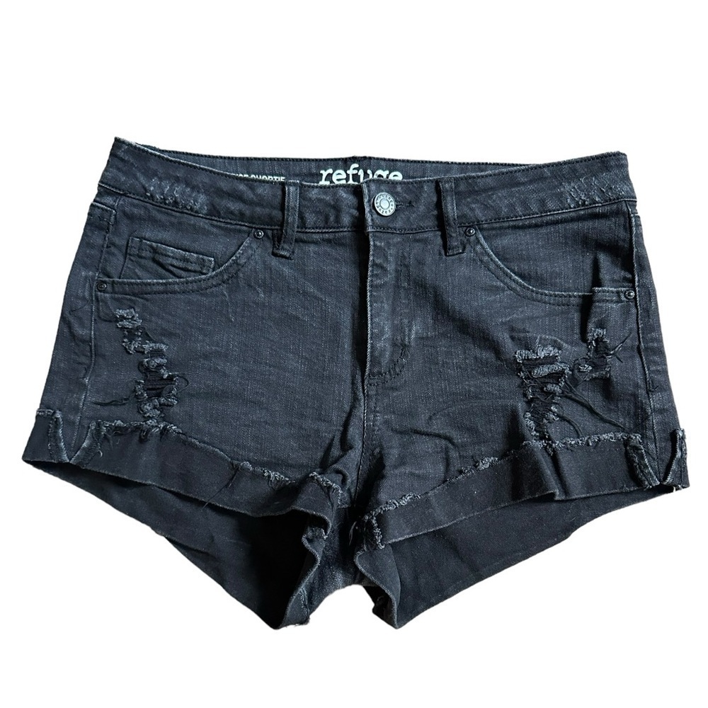 Black Distressed Denim Refuge Mid Rise Shortie Shorts Size 6
